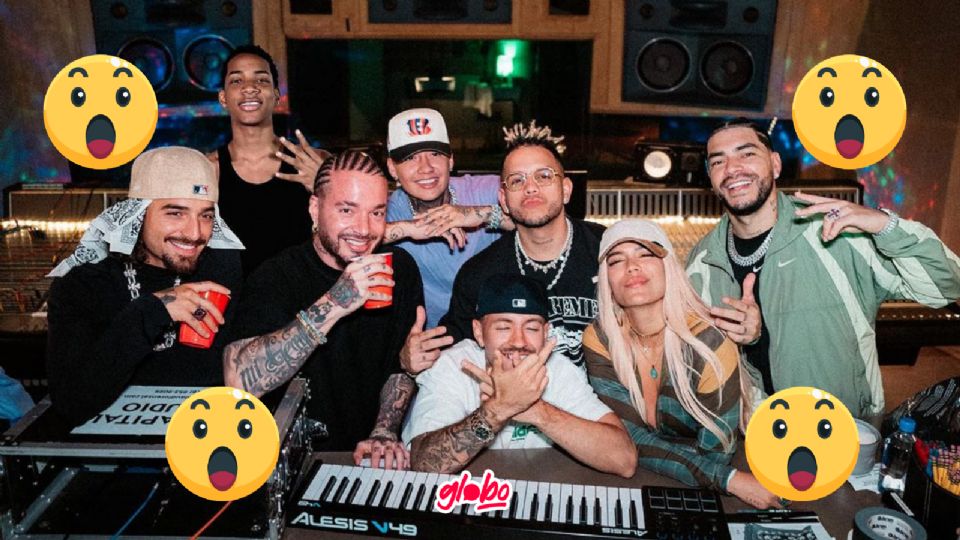 Maluma, Feid, Karol G, J Balvin, Ryan Castro y Blessd en la grabación de +57, su polémica canción.