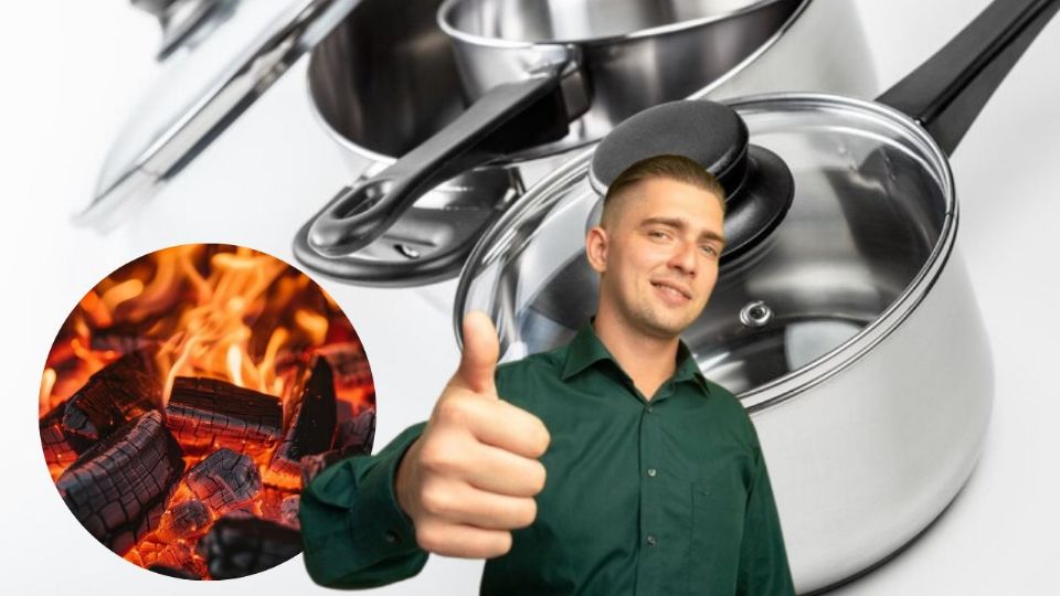 Ollas relucientes con cenizas de asado.